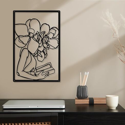 CHENGU 3 Pieces Metal Minimalist Abstract Woman Wall Art Line Drawing Wall Art Decor Single Line Female Home Hanging Wall Art Decor for Kitchen Bathroom Living Room (Black,Reading) in Saudi Arabia