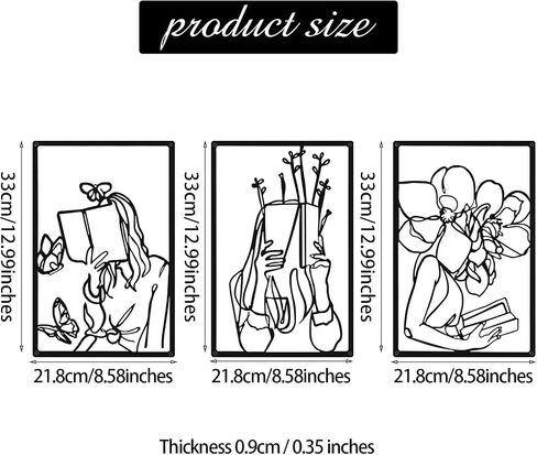 CHENGU 3 Pieces Metal Minimalist Abstract Woman Wall Art Line Drawing Wall Art Decor Single Line Female Home Hanging Wall Art Decor for Kitchen Bathroom Living Room (Black,Reading) in Saudi Arabia