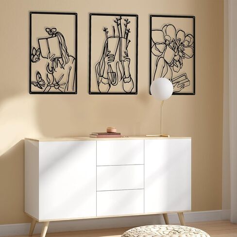 CHENGU 3 Pieces Metal Minimalist Abstract Woman Wall Art Line Drawing Wall Art Decor Single Line Female Home Hanging Wall Art Decor for Kitchen Bathroom Living Room (Black,Reading) in Saudi Arabia