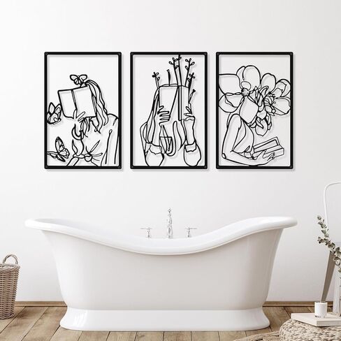 CHENGU 3 Pieces Metal Minimalist Abstract Woman Wall Art Line Drawing Wall Art Decor Single Line Female Home Hanging Wall Art Decor for Kitchen Bathroom Living Room (Black,Reading) in Saudi Arabia