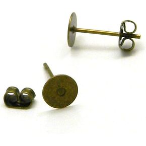 40 Antique Bronze Flat Pad Stud Earring Findings With 6mm Round Setting & Backings
