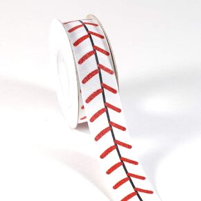 Polyester Grosgrain Ribbon 10 Yards 7/8" 22mm Glitter Red Stitch Softball Baseball Cheer Sport Cheerleader (White)
