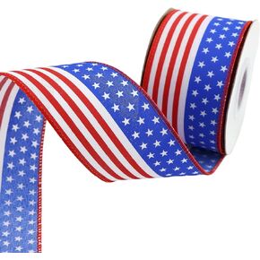 American Flag Ribbons Blue White Red Wired Ribbons July 4th Craft Ribbons, Patriotic Star and Striped Wired Ribbon DIY Crafts for Independence Day Memorial Day Decorations, 2.5" X 10 Yards