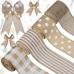 4 Rolls Burlap Fabric Ribbon Burlap Edge Ribbon White Dot Plaid Stripe Ribbon Rustic Farmhouse Craft Ribbon for DIY Present Wrapping Wreath Floral Bow Craft Decor, 2.5 Inch x 20 Yard (Gray)