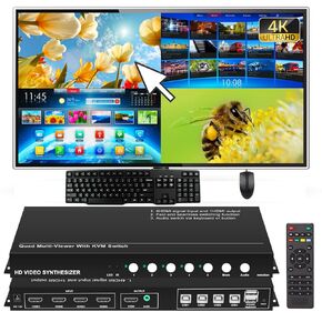 محول HDMI KVM، 4K@60 هرتز، 4 منافذ HDMI مدخل 1 شاشة معالج فيديو رباعي متعدد العارض، محول الصوت مع وظيفة القطع من نقطة إلى نقطة، يدعم لوحة مفاتيح الماوس الميكانيكية/الألعاب in Kuwait