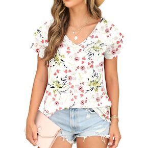 White T Shirts Blouses Floral Tops Ruffle Sleeve Shirts for Women V Neck Loose Casual Tee Tunics 2XL
