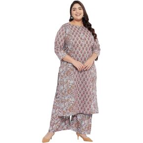 Tissu Mother's Day Gifts Women's Plus Size Grey Printed Pure Cotton Kurta with Palazzo