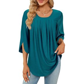 Viracy 3/4 Sleeve Tunic Tops to Wear with Leggings Crewneck Pleated Long Loose Fit Shirt Blouses
