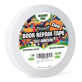 Clear Book Repair Tape - Self Adhesive Stretchable Book Tape, Essential Clear Repair Tape for Reinforcing Protecting, and Covering Mending Books Old Books - 1 Inch Wide x 108 FT Long