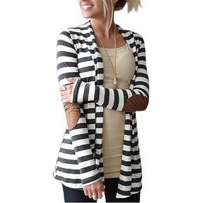 Women's Elbow Patch Long Sleeve Shawl Thick Striped Open Front Cardigan Sweater