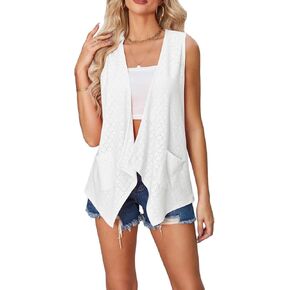 Women's Lightweight Cardigan Summer Hollow Out Sleeveless Cardigan High Low Hem Draped Open Front Vest with Pocket
