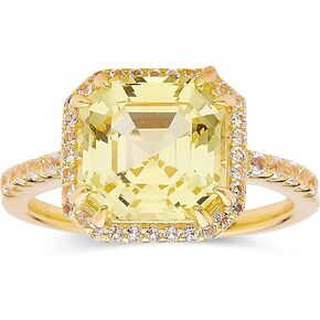 Canary Yellow Sapphire Asscher Cut Halo Ring Created Yellow Sapphire Gemstone Statement Ring 18K Yellow Gold Plated Sterling Silver Ring Jewelry Gift for Her in Sizes 5 6 7 8