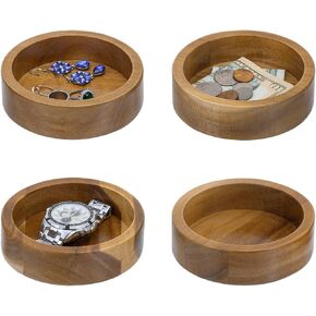MyGift 5 Inch Round Solid Acacia Wood Jewelry Holder Ring Bowl, Decorative Wooden Vanity Tray Catchall Dish for Watch, Keys, Coins, Trinkets, Set of 4