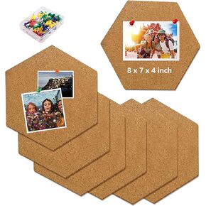 Hexagon Cork Board Tiles Self Adhesive 8 Pack Small Corkboards for Wall 8" x 7" Memo Boards -35 Push Pins Decorative Bulletin Board for Office