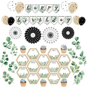 Whaline 49 Pieces Eucalyptus Bulletin Board Set Happy Birthday Banner Simply Boho Bulletin Board Decor Boho Greenery Calendar Cutout Decorations for Back to School Classroom Teacher Supply