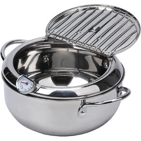Deep Fryer Pot Tempura Frying Pan 304 Stainless Steel Flat Bottom Stove Top Japanese Style Cookware W/Lid & Temperature Control Thermometer 304#20cm fryer
