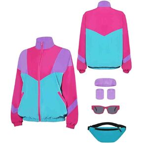 80s Jacket Neon Color Block Bomber Jacket Patchwork Windbreaker Rave Tracksuit Casual Lightweight Jackets