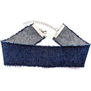 Tattered Dark Blue Denim Jeans Band Choker Necklace soft fabric