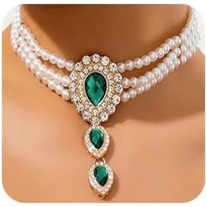 Chunky Layered Pearls Rhinestone Necklace Emerald Green Rhinestone Pearl Statement Necklace Dainty Faux Pearl Rhinestone Neck Chain Vintage Layered Pearl Choker for Women Girls