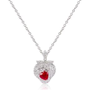 Silver Strawberry Necklace for Women Girls Sparkly Cute CZ Strawberry Pendant Choker Necklace Cubic Zirconia Crystal Strawberry Charm with Red Heart Adjustable Chain Fruit Jewelry Gift for Teen Girls