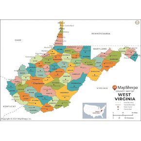 West Virginia Counties Map - Standard - 36" x 26" Laminated
