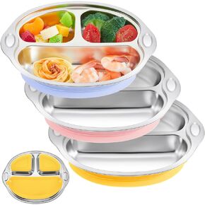 Hushee 3 Pcs Stainless Steel Suction Plates for Baby Divided Plates for Babies 3 Colors Toddler Baby Plates with Suction for Kids Feeding Supplies, Dishwasher Safe, 9.8 x 7.9 Inches