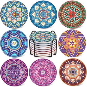 LIFVER Drinks Coasters Set of 8, Mandala Style Ceramic Coasters with Holder, 4 Inches Coasters for Drinks with Cork Base, Great Colorful Decor, Ideal Thanksgiving and Housewarming Gifts