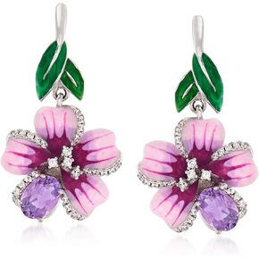 Ross-Simons 1.40 ct. t.w. Amethyst and .28 ct. t.w. White Topaz Flower Drop Earrings With Multicolored Enamel in Sterling Silver