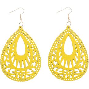 Bohemian Wood Earrings Natural Retro Lightweight Teardrop Geometric Hollow Wooden Dangle Drop Earrings