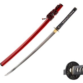 HMS Japanese Samurai Katana Sword, Warrior Riding Horse Tsuba, 1045 Carbon Steel, Hand Forged Clay Tempered, Full Tang, Sharp, Red Scabbard with Black Dots, Certificate