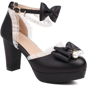 Women's Block High Heel Bow Tie Ruffles Pearl String Bead Lolita Pumps Goth Ankle Strap Sweet Princess Shoes