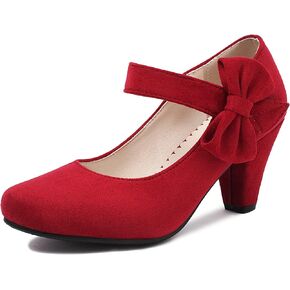 Elerhythm Women's Mary Jane Vintage Heels with Bow Gatsby 1950s Pumps Closed Toe 1920s Victorian Sweet Ankle Strap Faux Suede Elegant Comfortable Formal Dressy Ladies Shoes