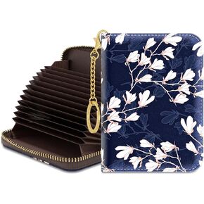 Rouidr Credit Card Holder, Small RFID Card Wallet for Women, Slim Keychain Card Holder Wallet, Leather Card Organizer Case with Zipper(Abstract Flowers)