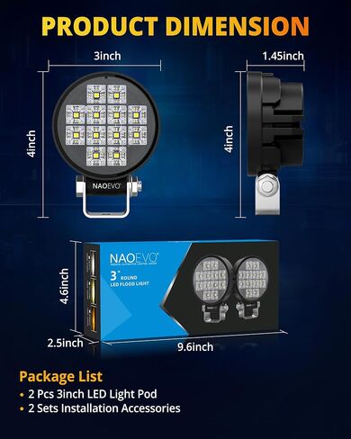 NAOEVO 3 Inch Round LED Pod Lights, 42W 4200LM 150° Flood Beam LED Light Bar Off Road Lights, 6063 Aluminum Shell and Waterproof Fog Lights for ATV UTV SUV Truck Boat, 1 Year Warranty, 2 Pcs (Amber) in Saudi Arabia