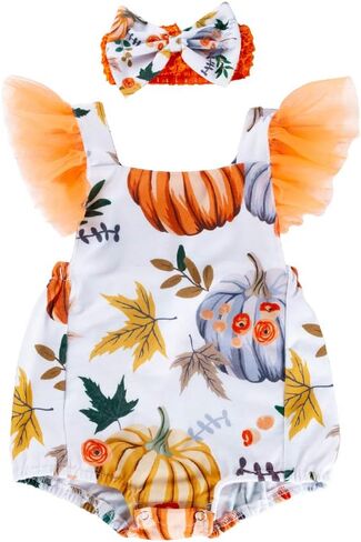 Newborn Baby Girl Halloween Thanksgiving Outfit Tutu Flutter Sleeve Pumpkin Romper with Bowknot Headband in Saudi Arabia