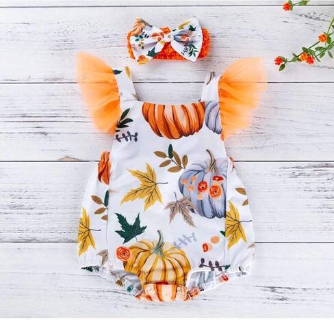 Newborn Baby Girl Halloween Thanksgiving Outfit Tutu Flutter Sleeve Pumpkin Romper with Bowknot Headband in Saudi Arabia