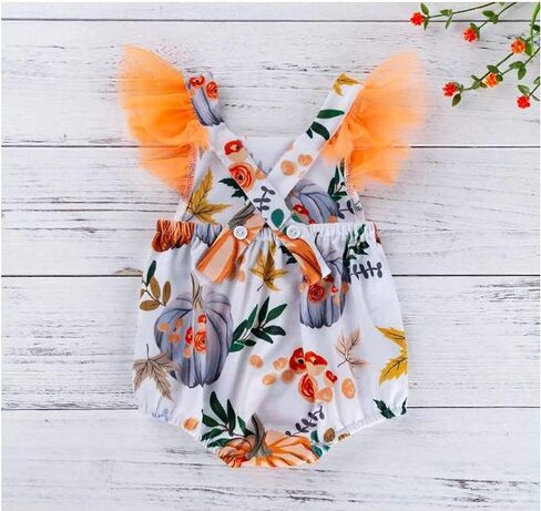 Newborn Baby Girl Halloween Thanksgiving Outfit Tutu Flutter Sleeve Pumpkin Romper with Bowknot Headband in Saudi Arabia