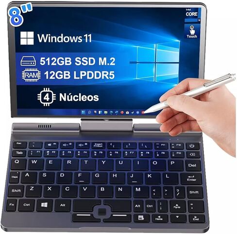2-in-1 Mini Laptop | 8-Inch Touchscreen Portable Small Pocket Computer | Intel 12th Gen N100 Processor | 12GB DDR5 RAM 1TB SSD | PD 30W Charging | WiFi6 BT5.2 |Backlit Keyboard |Windows 11 in Saudi Arabia