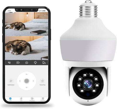 Light Bulb Camera Outdoor Indoor 2K 3MP Home Security Cameras, LED Bulb, 360° PTZ Dual Screen, Motion Detection, Tracking & Alarm, Color Night Vision, 2.4Ghz WiFi, 2-Way Talk, 24/7 Recording in Kuwait