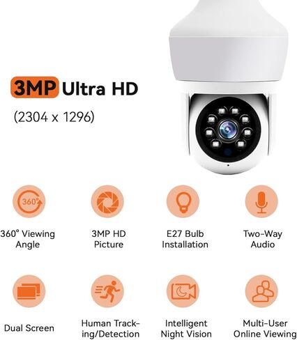Light Bulb Camera Outdoor Indoor 2K 3MP Home Security Cameras, LED Bulb, 360° PTZ Dual Screen, Motion Detection, Tracking & Alarm, Color Night Vision, 2.4Ghz WiFi, 2-Way Talk, 24/7 Recording in Kuwait