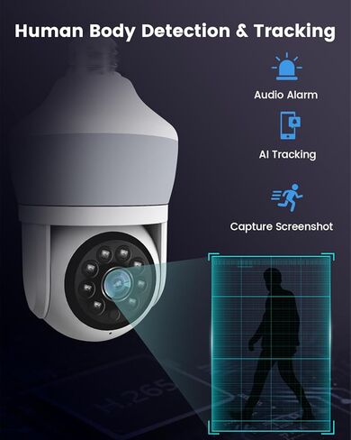 Light Bulb Camera Outdoor Indoor 2K 3MP Home Security Cameras, LED Bulb, 360° PTZ Dual Screen, Motion Detection, Tracking & Alarm, Color Night Vision, 2.4Ghz WiFi, 2-Way Talk, 24/7 Recording in Kuwait