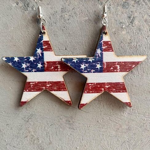 Vintage Patriotic American Flag Wooden Dangle Earrings Independence Day Sunflower Star Cactus Drop Earrings 4th of July Earrings Gifts for Women Girl in Saudi Arabia