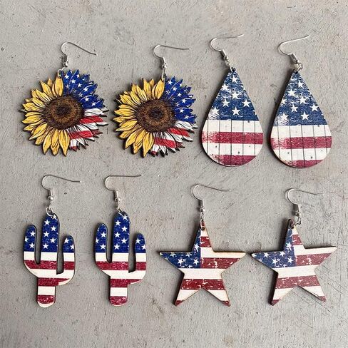 Vintage Patriotic American Flag Wooden Dangle Earrings Independence Day Sunflower Star Cactus Drop Earrings 4th of July Earrings Gifts for Women Girl in Saudi Arabia