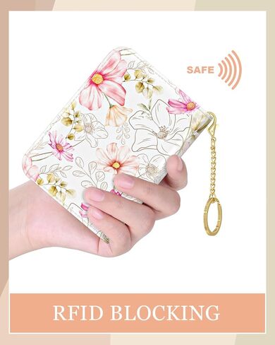Rouidr Credit Card Holder, Small RFID Card Wallet for Women, Slim Keychain Card Holder Wallet, Leather Card Organizer Case with Zipper(Abstract Flowers) in Kuwait