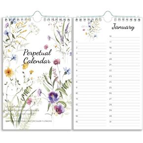 Perpetual Calendar – Undated Calendar 12-Month for Birthday, Anniversaries, Important Days, Festivals Reminder, 6'' x 10'' with 2 Lines Per Days, Twin-wire Binding, Thicker Paper, Minimalist Flowers
