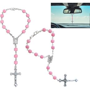 2PCS Car Mirror Decor Hanging Ornament，Pink Rosary Pendant，Catholic Car Rosary, GirlyCar Decor Accessories （Rose）