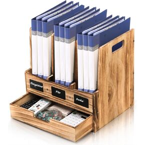 Wooden Desk File Organizer, Desktop Document Folder Holder with 3 Compartments and 1 Drawer, Desk Organizer Binder Rack with Chalkboard Label, Magazine Storage Box Mail Sorter for Office Home