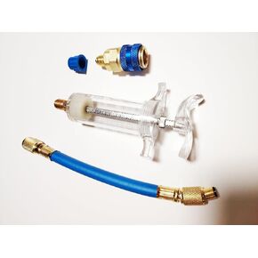 Oil and Dye Injectors Kit 30ml/1 Oz Hand Push Compressor Manual AC Oil Dye Injector with Quick Coupler 1/4 SAE Connector Car HVAC Compressor Oil Dye Injector Refrigerant Tool 1 Set