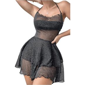 Verdusa Women's Glitter Mesh Swimsuit Cover Up Crisscross Backless Layered Beach Dress