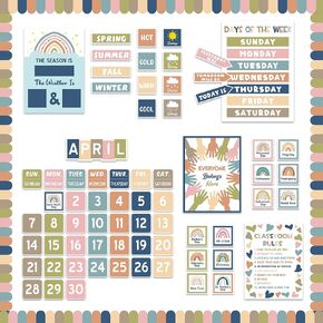 108 Pcs Boho Calendar Bulletin Board Set Boho Calendar for Classroom Colorful Bulletin Board Cutouts with Seasons Festival Weather Days of The Week for Teachers Classroom Office Home Wall Decoration